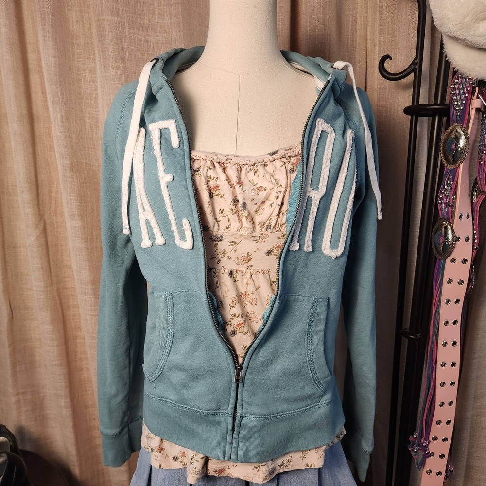 Aeropostale AERO Teal Full Zip Hoodie M Distressed Applique Y2K Mall Style - Picture 1 of 7